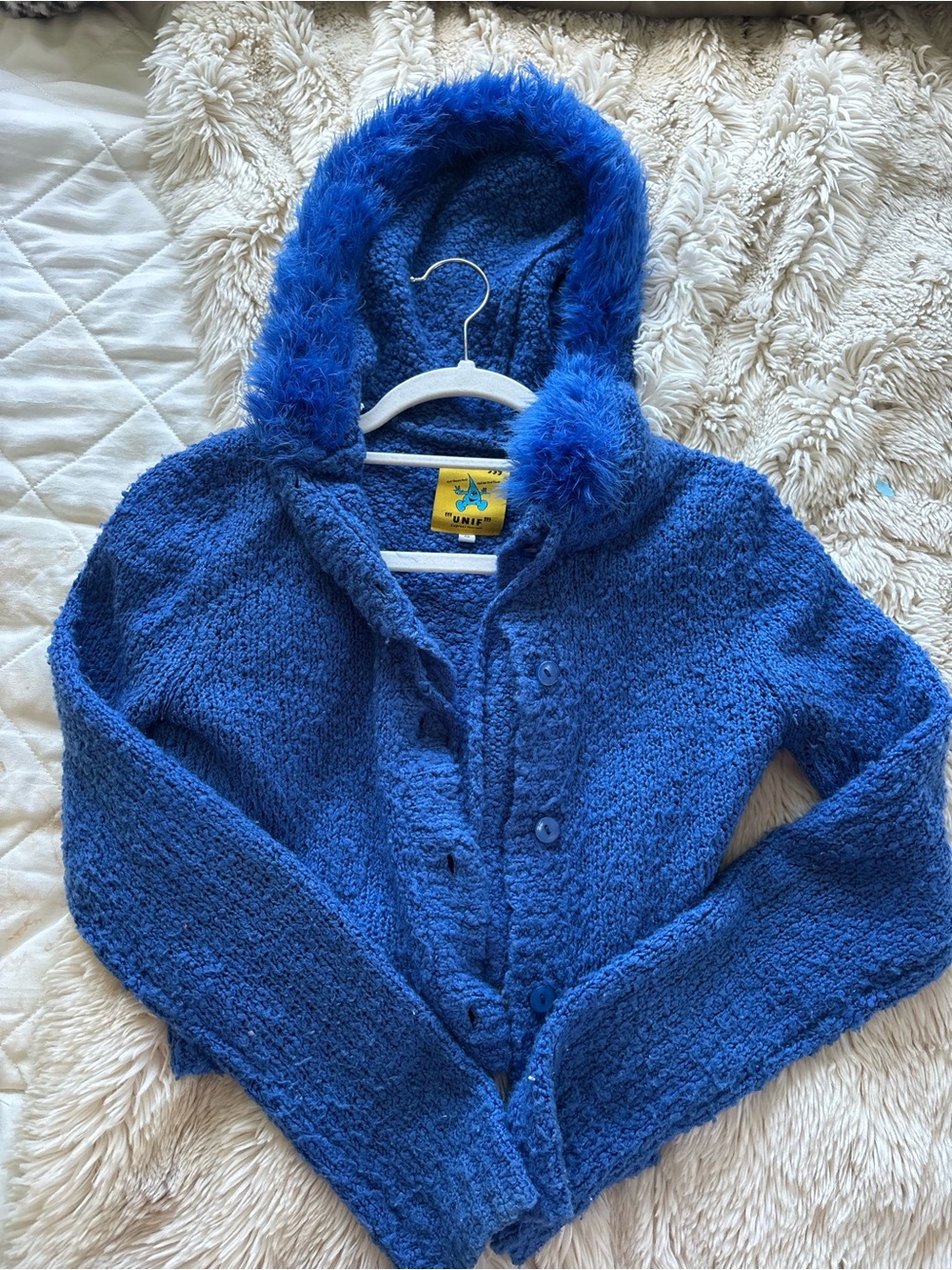 UNIF Blue Fuzzy Hooded Cardigan Sweater